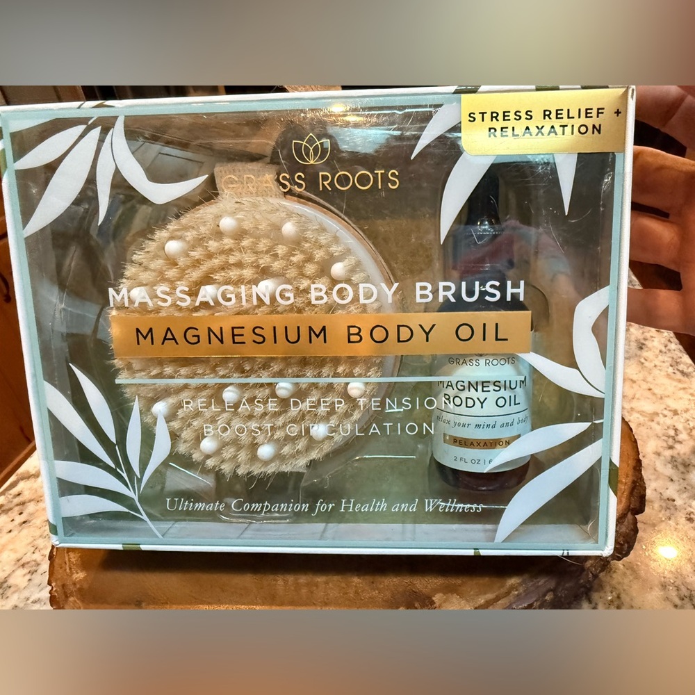 Grass Roots Massaging body brush, and magnesium body oil set. NWT